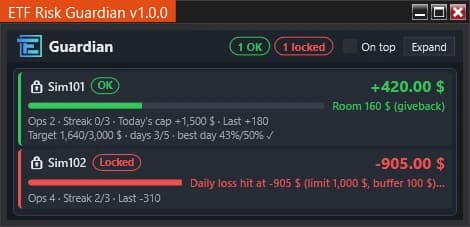 Risk Guardian compact view: day P/L, a bar with the money left until the nearest limit, losing streak, consistency cap and target for each account