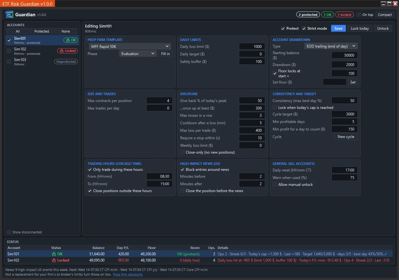 Free risk guardian for NinjaTrader 8: rules for a 50K evaluation account (daily loss, end-of-day drawdown, discipline, consistency, trading hours and news) and the status of two accounts, one OK and one locked by the daily loss limit