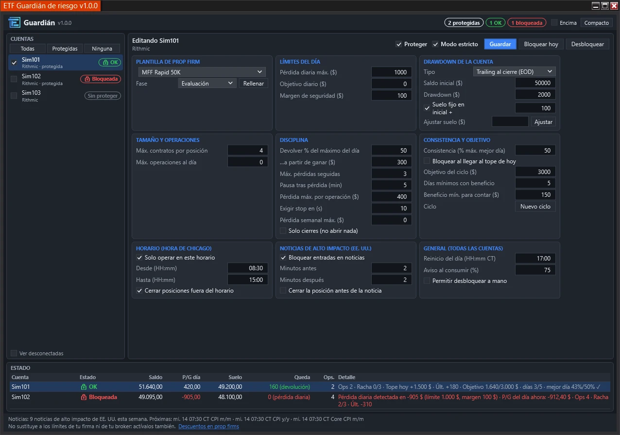 Guardián de riesgo gratis para NinjaTrader 8: reglas de una cuenta de evaluación de 50K (pérdida diaria, drawdown al cierre, disciplina, consistencia, horario y noticias) y estado de dos cuentas, una en OK y otra bloqueada por pérdida diaria